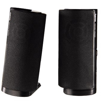 Altavoz estéreo con conexión USB A y Jack de 3,5mm, control de volumen integrado, color negro.