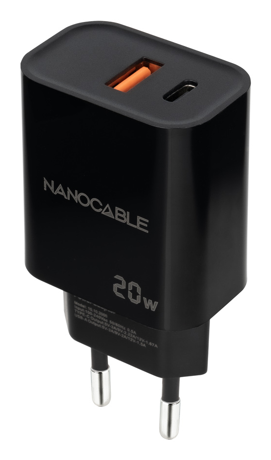 Cargador USB-C/PD + USB-A/QC 20W, Negro