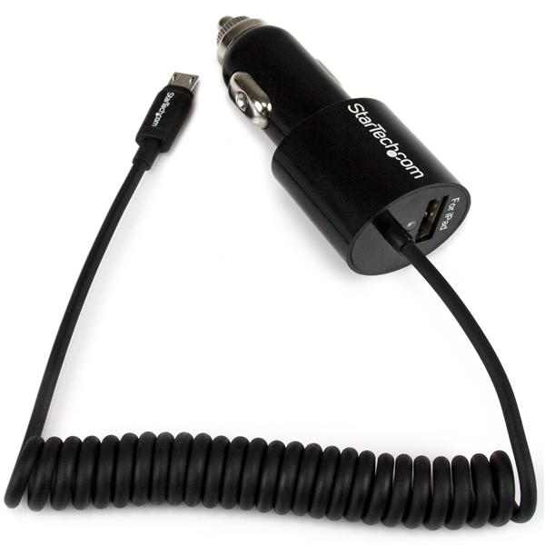 Cargador USB de 2 Puertos para Coche con Cable Micro USB y puerto USB - Negro