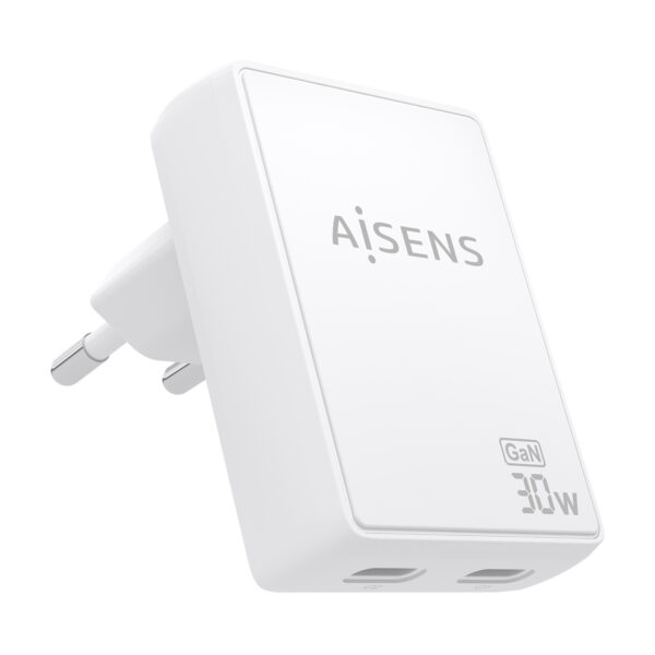 Cargador De Pared GaN Ultra Delgado 30W, 2xUSB-C PD3.0 QC4.0, Blanco