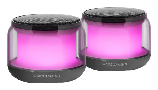 MS-AURA, Altavoces Bluetooth 5.3, Chipset DSP Personalizado 15W, Iluminación RGB con Diseño ClearView 360º, Altavoces Compactos con Caja de Control de Volumen y RGB, Entrada AUX-IN, Negro