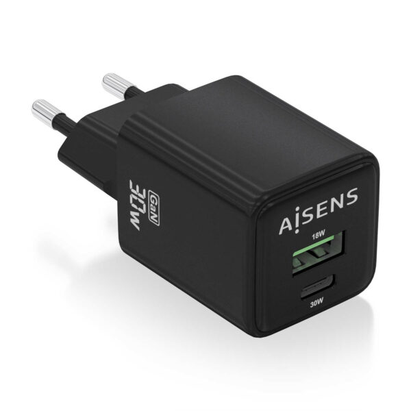 Cargador Gan 30W, 1xUSB-C PD3.0 QC4.0, 1xUSB-A QC3.0, Negro