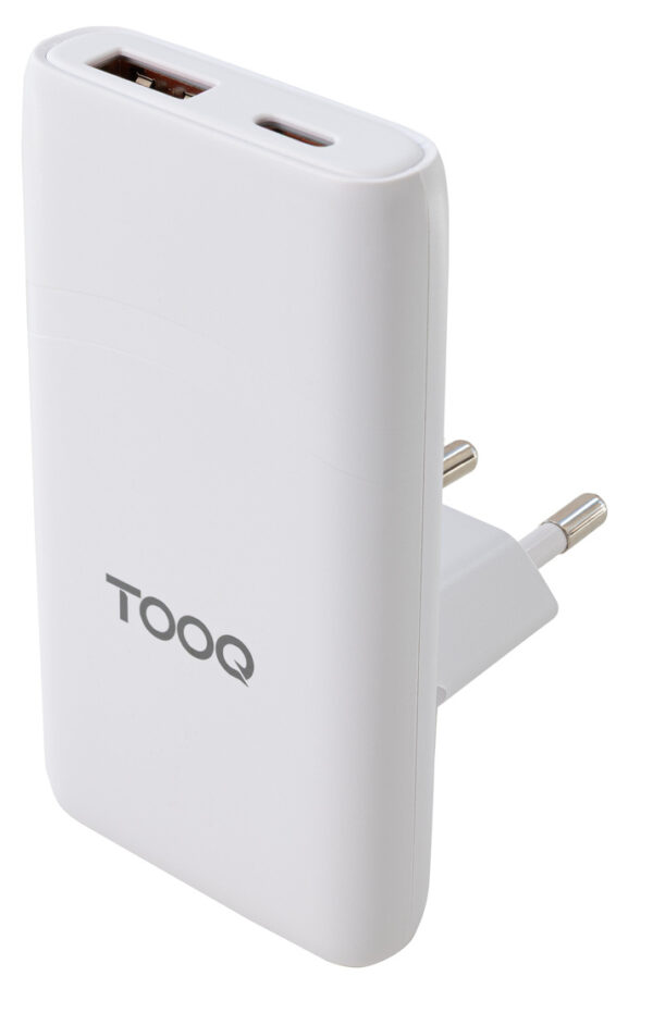Cargador de viaje Tipo C y Tipo A, GaN 65W, USB-C/PD + USB-A/QC, Blanco