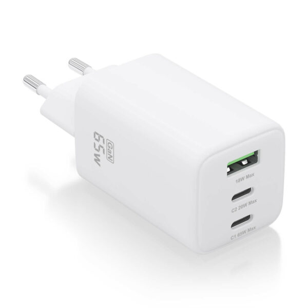 Cargador Gan 65W, 2xUSB-C PD3.0 QC4.0, 1xUSB-A QC3.0, Blanco