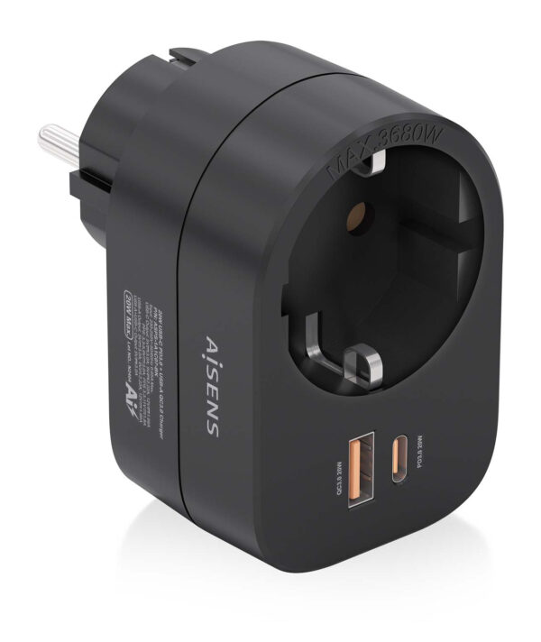 Regleta De Pared Multifuncion Con 1 Toma + 1xUSB-C 20W PD3.0, 1xUSB-A 20W QC3.0, Negro
