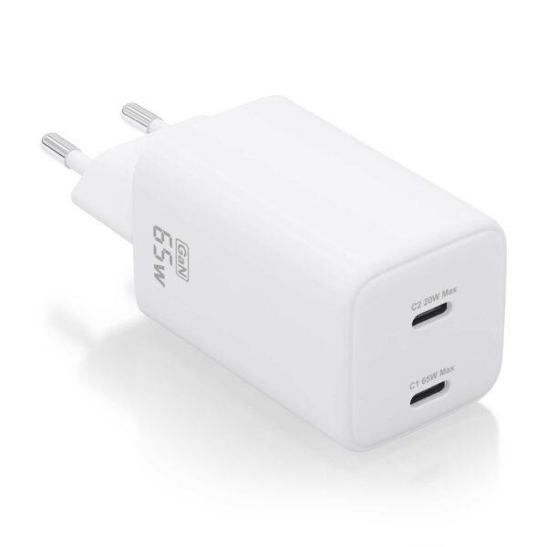 Cargador Gan 65W, 2xUSB-C PD3.0 QD4.0, Blanco