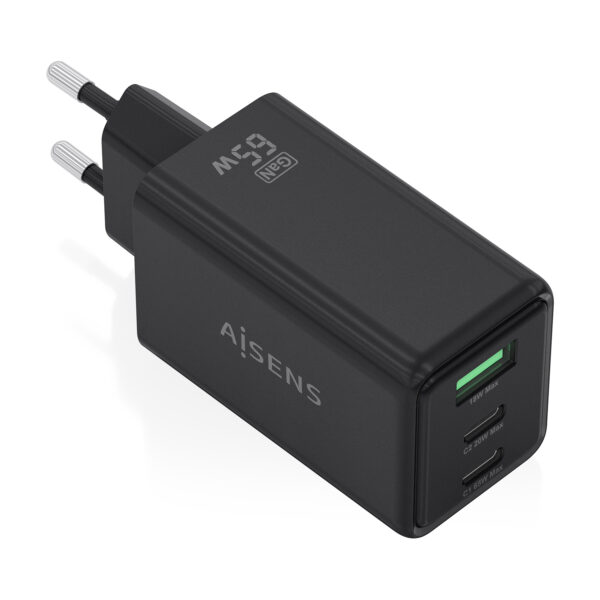 Cargador GaN 65W, 2xUSB-C PD3.0 QC4.0, 1xUSB-A QC3.0, Negro