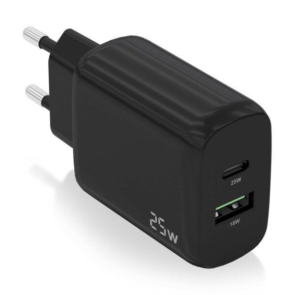 Cargador 25W, 1xUSB-C PD3.0, 1xUSB-A QC3.0, Negro