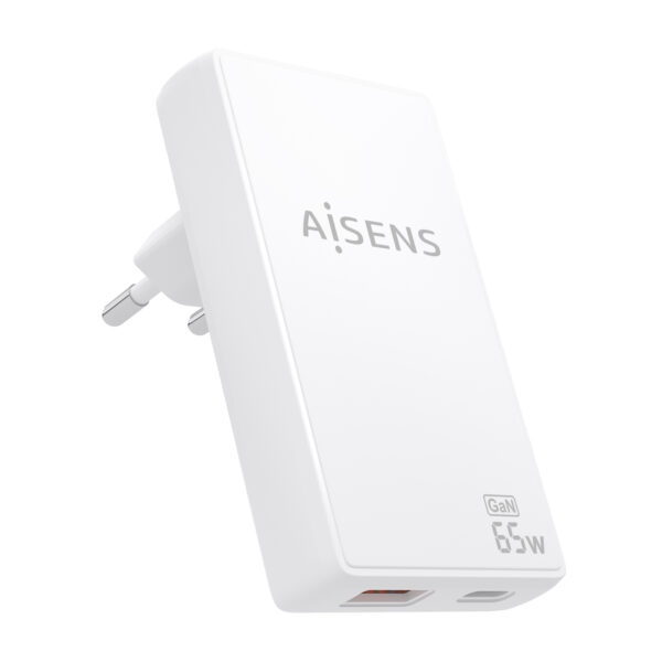 Cargador De Pared GaN Ultra Delgado 65W, 1xUSB-C PD3.0 QC4.0, 1xUSB-A QC3.0, Blanco