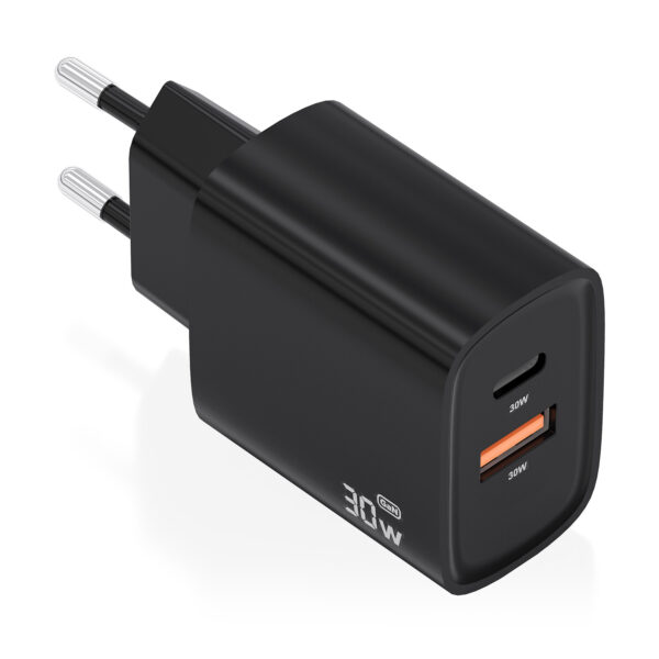 Cargador GaN 30W, 1xUSB-C PD3.0 QC4.0, 1xUSB-A QC3.0, Negro
