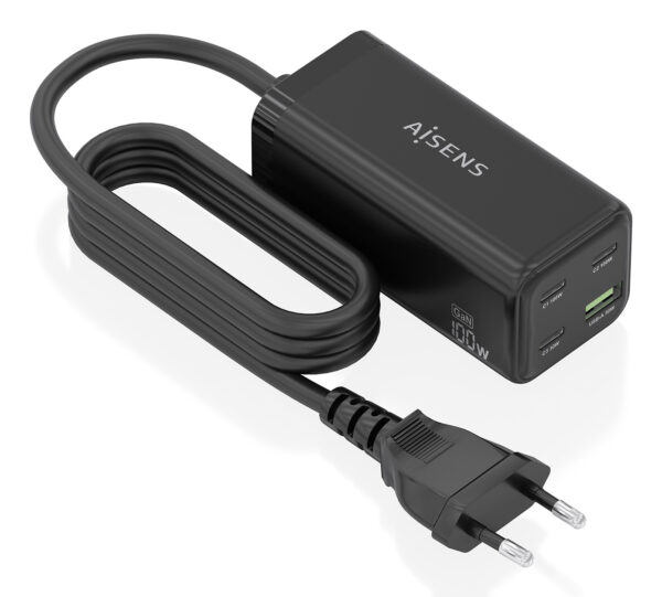 Cargador Sobremesa GaN 100W, 3x USB-C PD3.0 QC4.0 QC5.0, 1x USB-A QC3.0, Negro