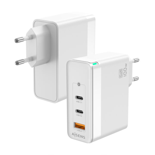 Cargador Gan 100W, 2xUSB-C PD3.0 QC4.0 QC5.0, 1xUSB-A QC3.0, Blanco