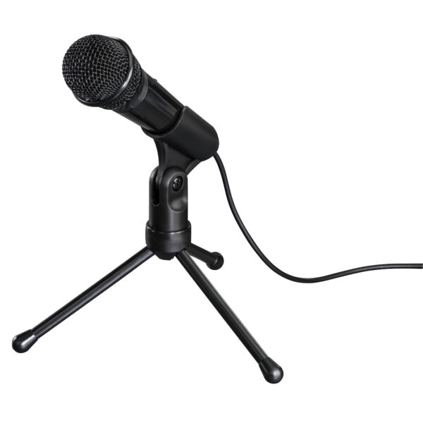 Micrófono con trípode, conexión jack 3,5mm, ideal para Podcast o conferencias, color negro.
