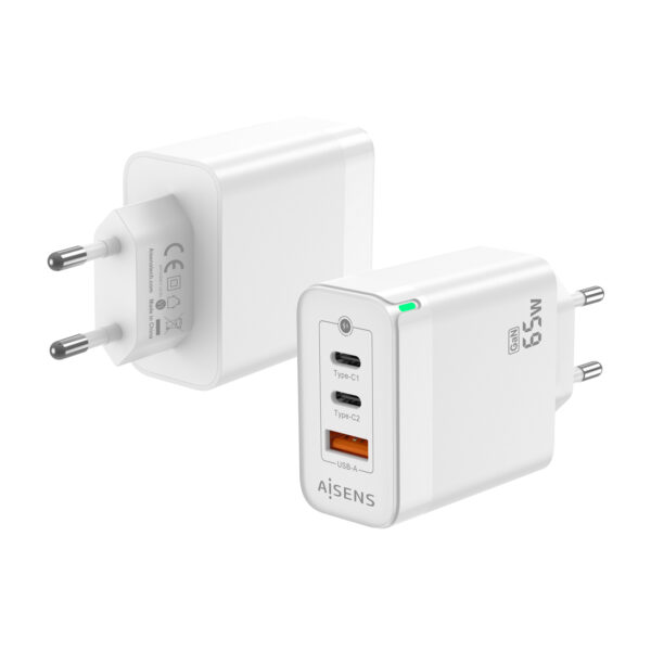 Cargador Gan 65W, 2xUSB-C PD3.0 QC4.0, 1xUSB-A QC3.0, Blanco