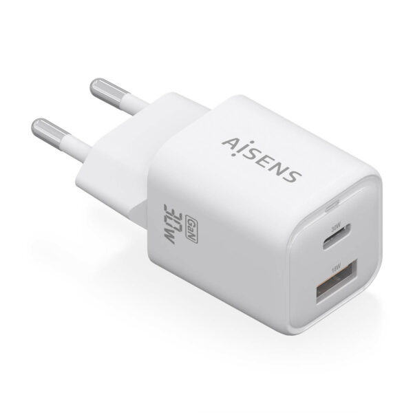 Cargador Gan 30W, 1xUSB-C PD3.0 QC4.0, 1xUSB-A QC3.0, Blanco