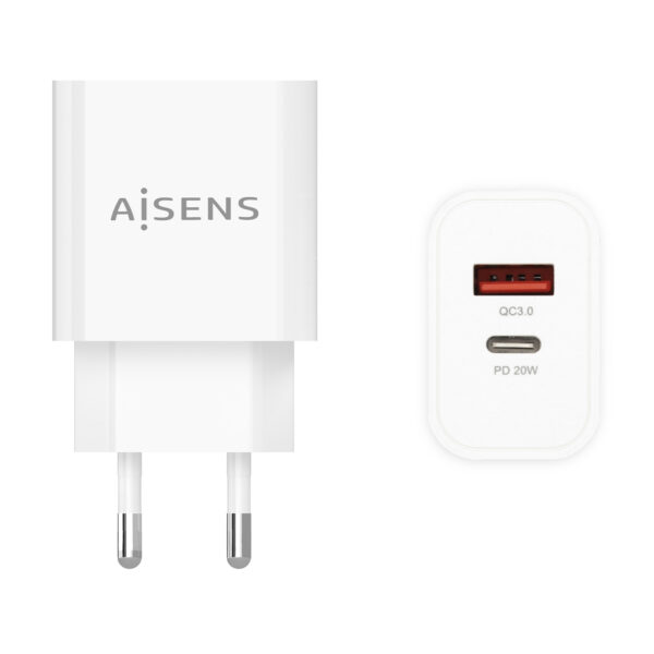 Cargador 20W, 1xUSB-C PD3.0, 1xUSB-A QC3.0, Blanco