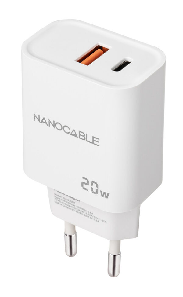 Cargador USB-C/PD + USB-A/QC 20W, Blanco