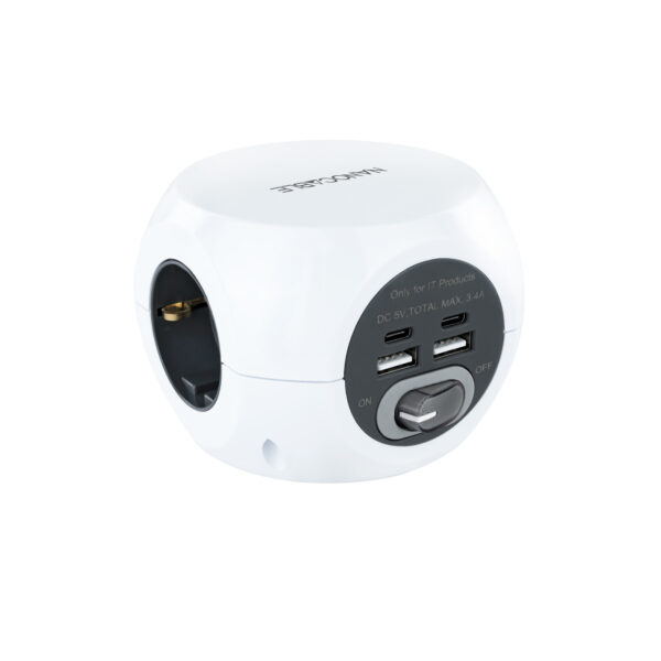 Base de 3 enchufes con 4 USB's (2 USB A + 2 USB-C), con interruptor