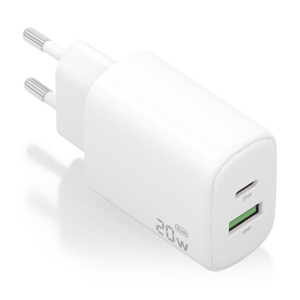 Cargador GaN 20W, 1xUSB-C PD3.0, 1xUSB-A QC3.0, Blanco