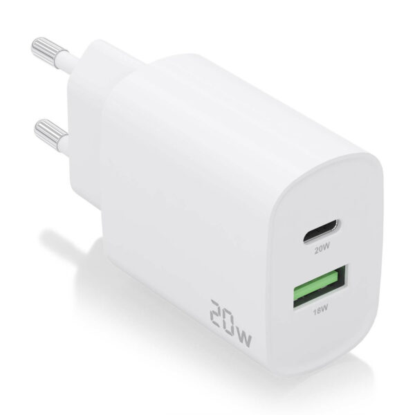 Cargador 20W, 1xUSB-C PD3.0, 1xUSB-A QC3.0, Blanco