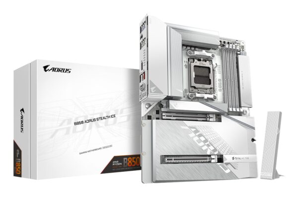 B850 AORUS STEALTH ICE Placa Base  Procesadores AMD Ryzen serie 9000, VRM digital de 14+2+2 fases, hasta 8200 MHz DDR5 (OC), 2 x M.2 PCIe 5.0 + 2 x PCIe 4.0, Wi-Fi 7, LAN 5 GbE, USB 3.2 Gen 2
