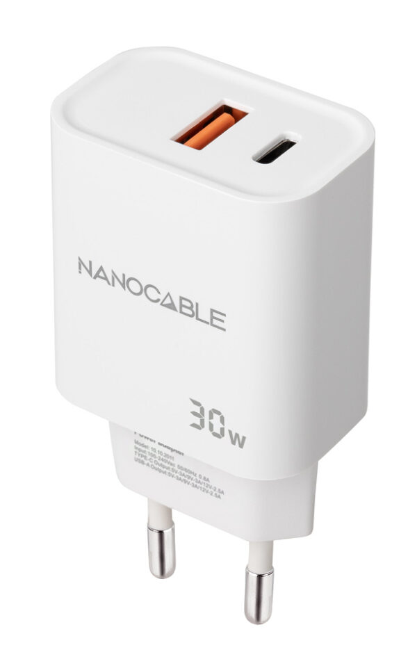 Cargador USB-C/PD + USB-A/QC 30W, Blanco
