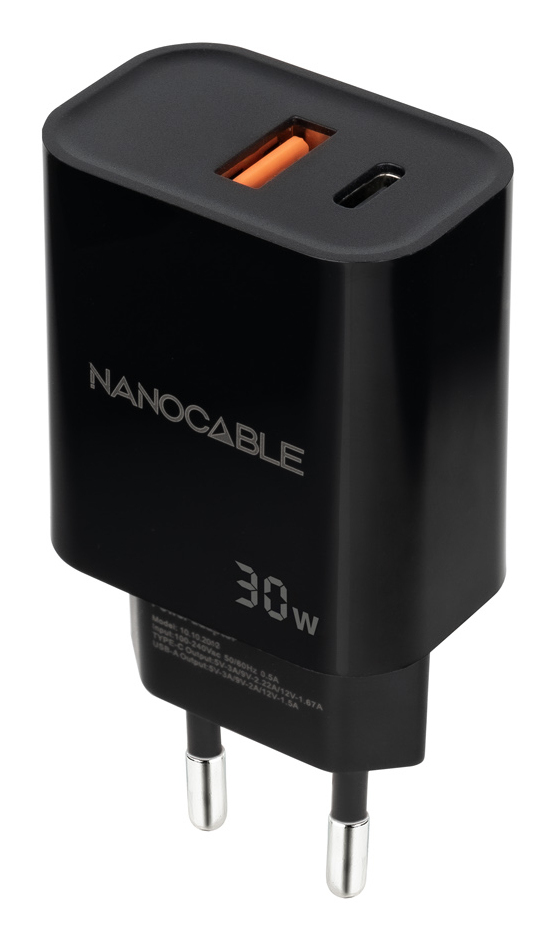 Cargador USB-C/PD + USB-A/QC 30W, Negro
