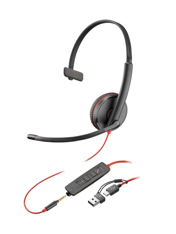 Auriculares Poly Blackwire 3215 monaural USB-C + conector de 3,5 mm + adaptador USB-C/A (paquete)