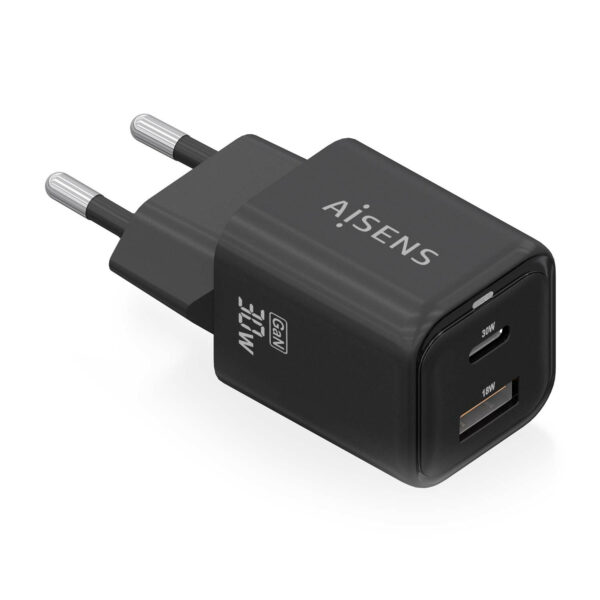 Cargador Gan 30W, 1xUSB-C PD3.0 QC4.0, 1xUSB-A QC3.0, Negro