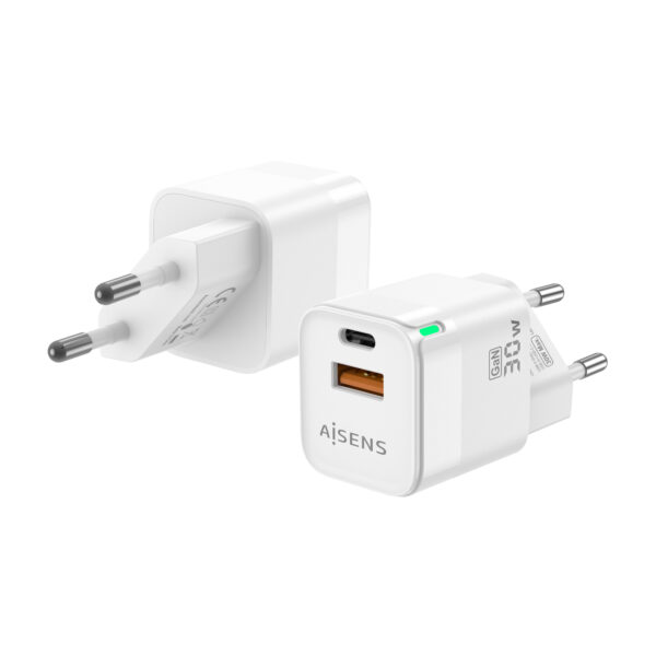 Cargador Gan 30W, 1xUSB-C PD3.0 QC4.0, 1xUSB-A QC3.0, Blanco