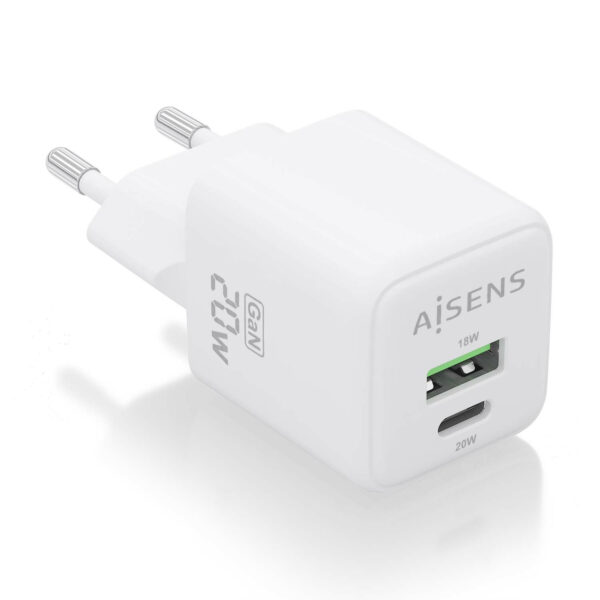 Cargador GaN 20W, 1xUSB-C PD3.0 QC4.0, 1xUSB-A QC3.0, Blanco