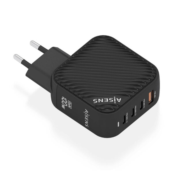 Cargador GaN 100W, 3xUSB-C PD3.0 QC4.0, 1xUSB-A QC3.0, Negro