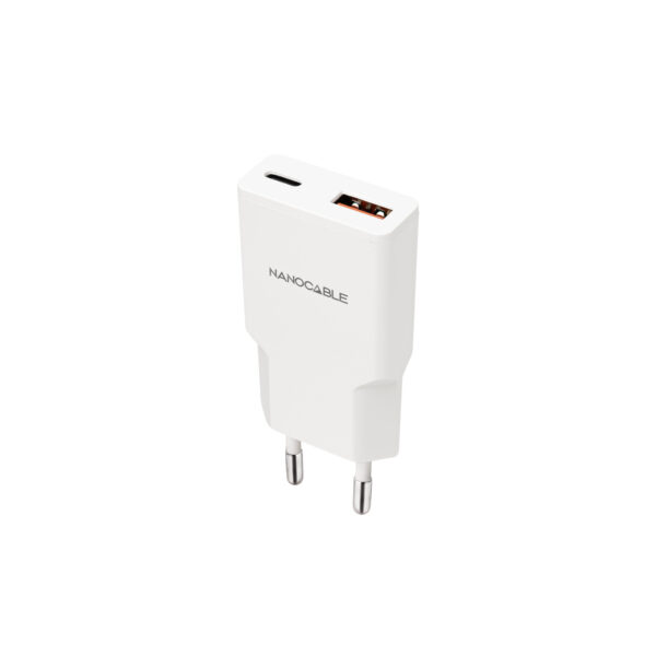 Cargador USB-C/PD 25W + USB-A/QC 25W, Blanco
