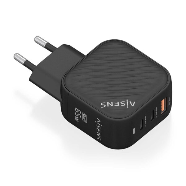 Cargador GaN 65W, 2xUSB-C PD3.0 QC4.0, 1xUSB-A QC3.0, Negro