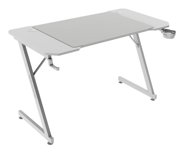 MGD-X120, Mesa Gaming Ergonómica, Superficie en Fibra de Carbono, Estructura Metálica, Alfombrilla XXL, Soporte Auriculares y Bebida, Gestión Cableado, Escritorio PC 120x60cm, Blanco