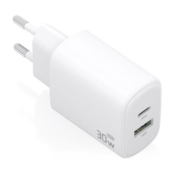 Cargador GaN 30W, 1xUSB-C PD3.0 QC4.0, 1xUSB-A QC3.0, Blanco