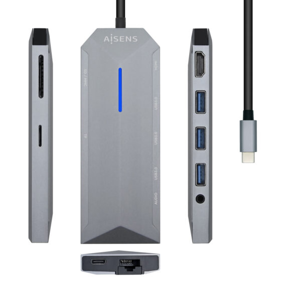 USB-C Dock 9 en 1, USB-C a 1x HDMI, 1xRJ45, 3x USB, 1x PD, 1x Audio, 1x SD, 1x Micro SD, Gris, 15 cm