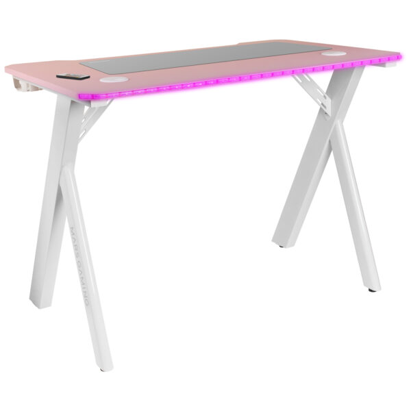 MGD100RGB, Mesa Gaming Ergonómica RGB, Alfombrilla XXL, Soporte Auriculares y Bebida, Escritorio PC, 100x60cm, Rosa