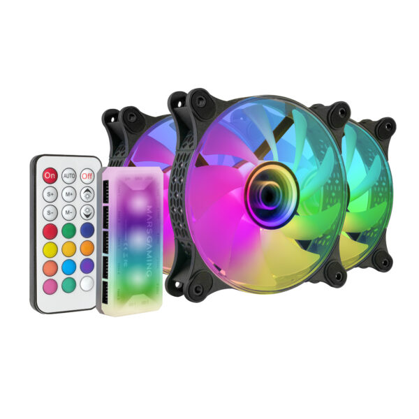 MF-3DKIT Negro, Kit 3 Ventiladores ARGB 360° 12cm, Espejo Infinito 3D, Sistema Anti-vibraciones, Controlador ARGB, Mando a Distancia RF, Compatibilidad Total