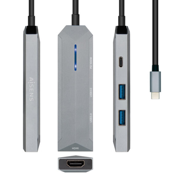 USB-C dock 4 en 1, USB-C a 1xHDMI, 2xUSB, 1xPD, Gris, 15 cm