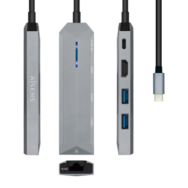 USB-C dock 5 en 1, USB-C a 1xHDMI, 1xRJ45, 2xUSB, 1xPD, Gris, 15 cm