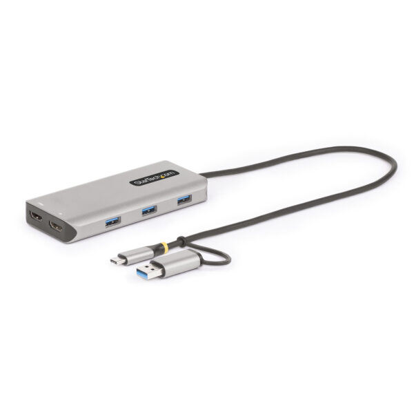 Adaptador Multipuertos USB-C - HDMI Doble (4K30Hz/1080p60Hz) - Hub Ladrón 3x USB-A - Mini Docking Station de Viajes - Docking Station USB Tipo C con Cable Integrado de 40cm