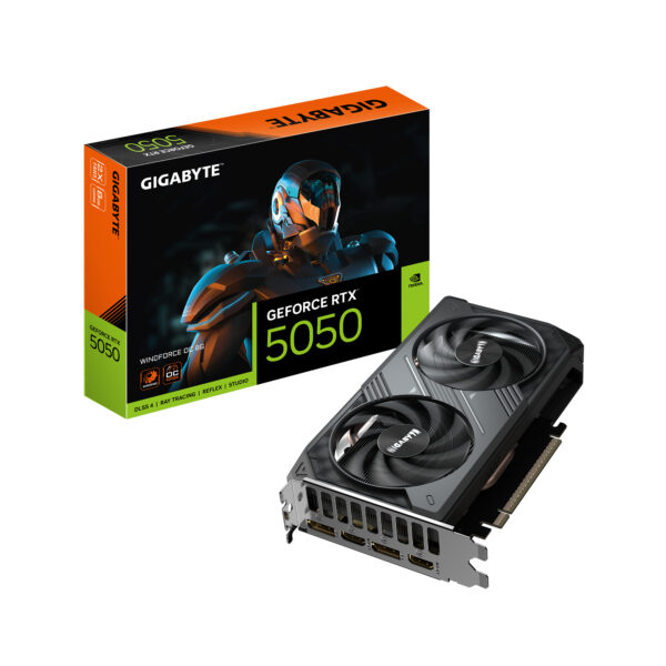 GeForce RTX 5050 WINDFORCE OC 8G Tarjeta Gráfica - 8GB GDDR6, 128bit, PCI-E 5.0, 2587MHz Frecuencia del núcleo, 2 x DP, 2 x HDMI, NVIDIA DLSS 4, GV-N5050WF2OC-8GD