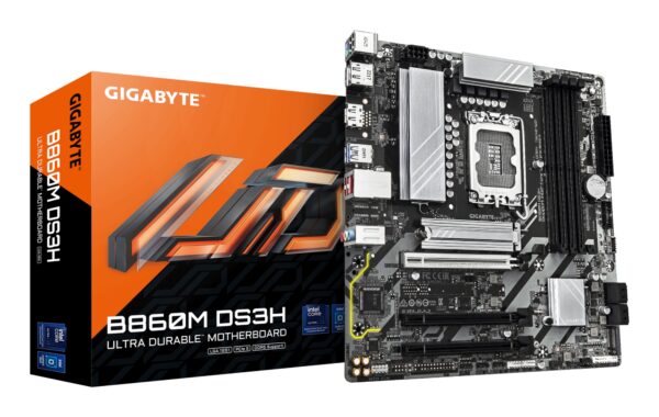 B860M DS3H Placa base - CPUs Intel Core Ultra, VRM de 5+1+2+1 fases, hasta 9066MHz DDR5, 1xPCIe 5.0 + 1xPCIe 4.0 M.2, LAN 2,5 GbE, USB 3.2 Gen 2