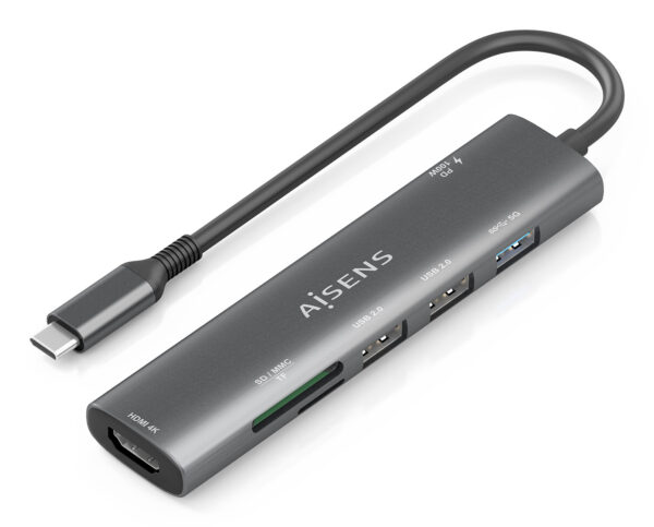 USB-C Dock 7 en 1, USB-C A, 1x HDMI, 2x USB-A USB2.0, 1x USB-A USB3.0, 1x USB-C PD 100W, 1x SD, 1x MicroSD, Gris, 15cm