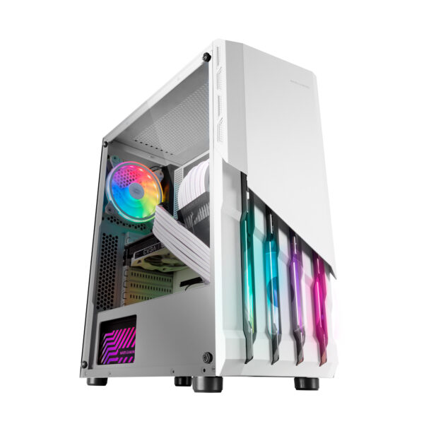 MC-X2, Caja PC Gaming ATX, Frontal Acero FRGB, 2 Ventiladores 12cm FRGB, Ventana Lateral Completa, Blanco