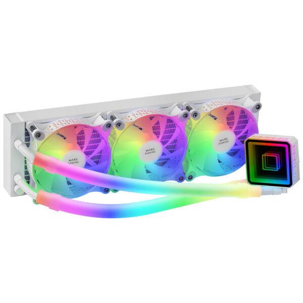 ML-ULTRA360 Blanco, Refrigeración Líquida CPU, TDP 650W, Espejo Infinito, 3 Ventiladores Silenciosos FDB ARGB, Tubos ARGB, Multisocket Universal