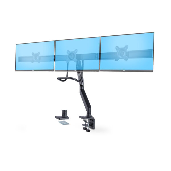 Soporte VESA de Sobremesa para Tres Monitores de 27 Pulgadas - 75x75/100x100 - Brazo de Soporte para 3 Monitores - Grommet o Mordaza - Ajuste sin Herramientas - Brazo con Resorte