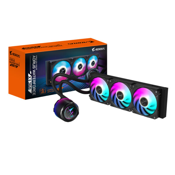 AORUS WATERFORCE X II 360 Refrigerador de CPU líquido AIO - 3x ventiladores ARGB de 120 mm, pantalla LCD a todo color, DAISY-CHAIN, compatible con Intel LGA 1851 y AMD AM5